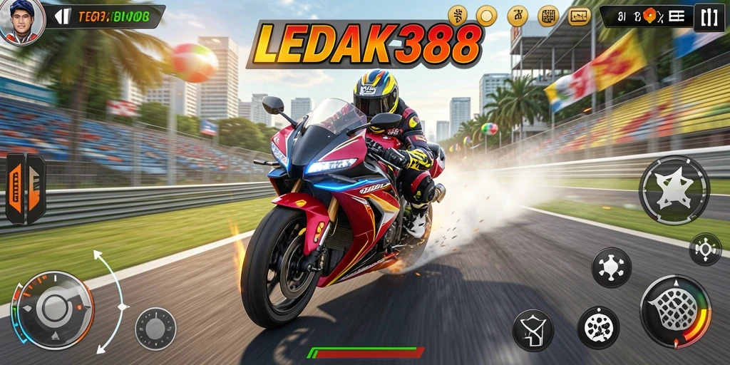 Gameplay seru balap motor di LEDAK388 dengan trek yang menantang.