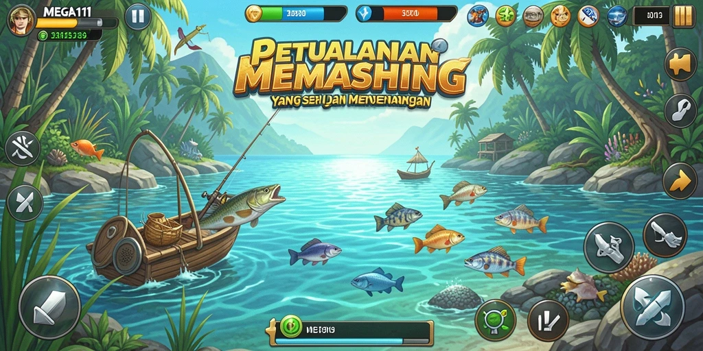 Tampak gameplay memancing dengan ikan berwarna-warni di MEGA111.