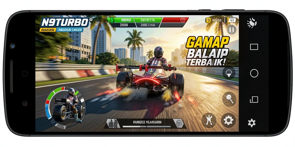 Screenshot gameplay N9TURBO menampilkan aksi balapan yang mendebarkan.
