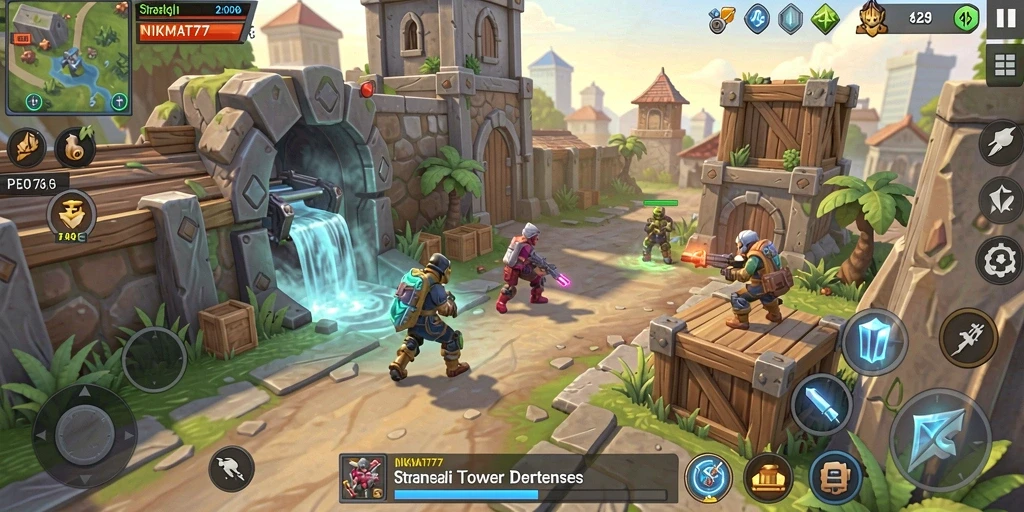 Screenshot gameplay menampilkan pertahanan menara yang strategis dan musuh yang menyerang.