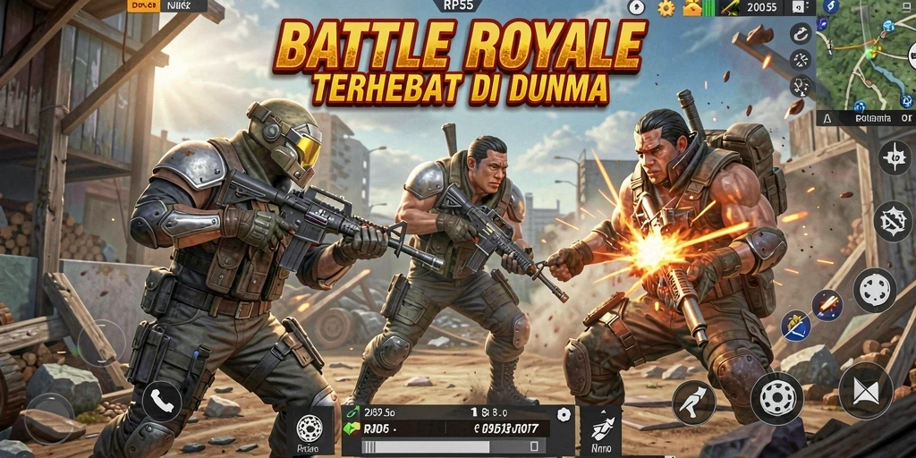 Screenshot RP55 menunjukkan gameplay seru dan grafis menarik dalam pertempuran Battle Royale.